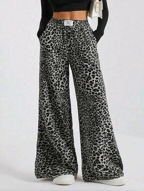 Wide Leg Leopard Print Tall Pants — Black and Gray